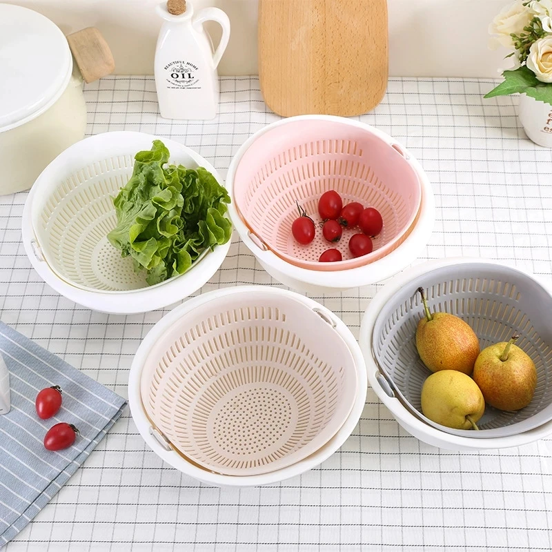 Kitchen Silicone Double Drain Basket Bowl Washing Storage Basket Strainers Bowls Drainer Vegetable Cleaning Colander Tool