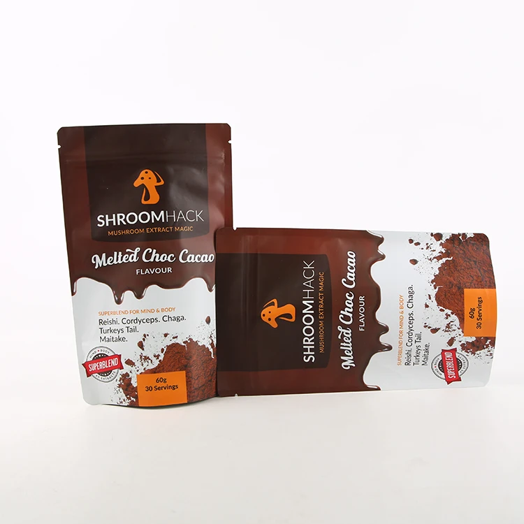 Custom Printed Cacao Cocoa Coffee Powder Plastic Packaging Aluminum Foil Bags Resealable Matte Black Stand up Pouch With Zipper