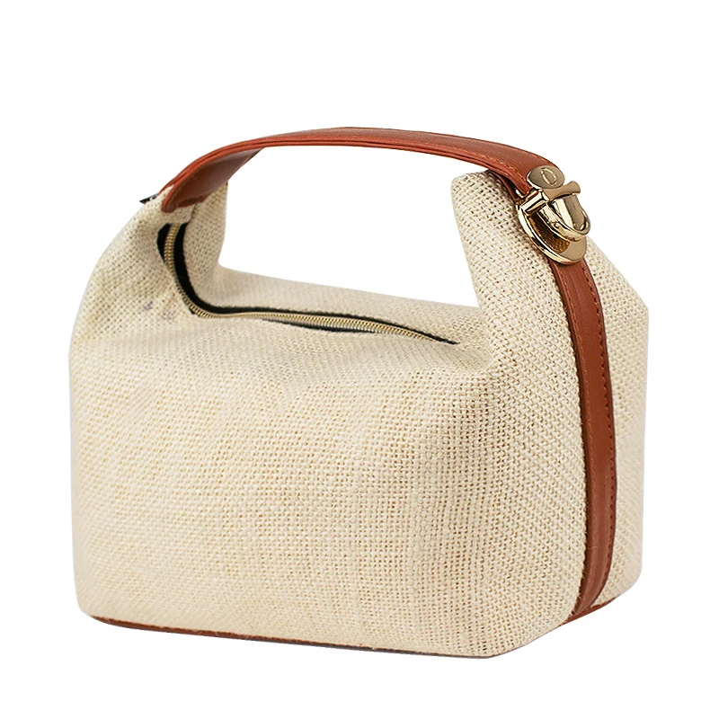 Women Summer Beach Small Jute Make up Organizer Plain Hemp Cosmetic Pouch Bags With Leather Handle