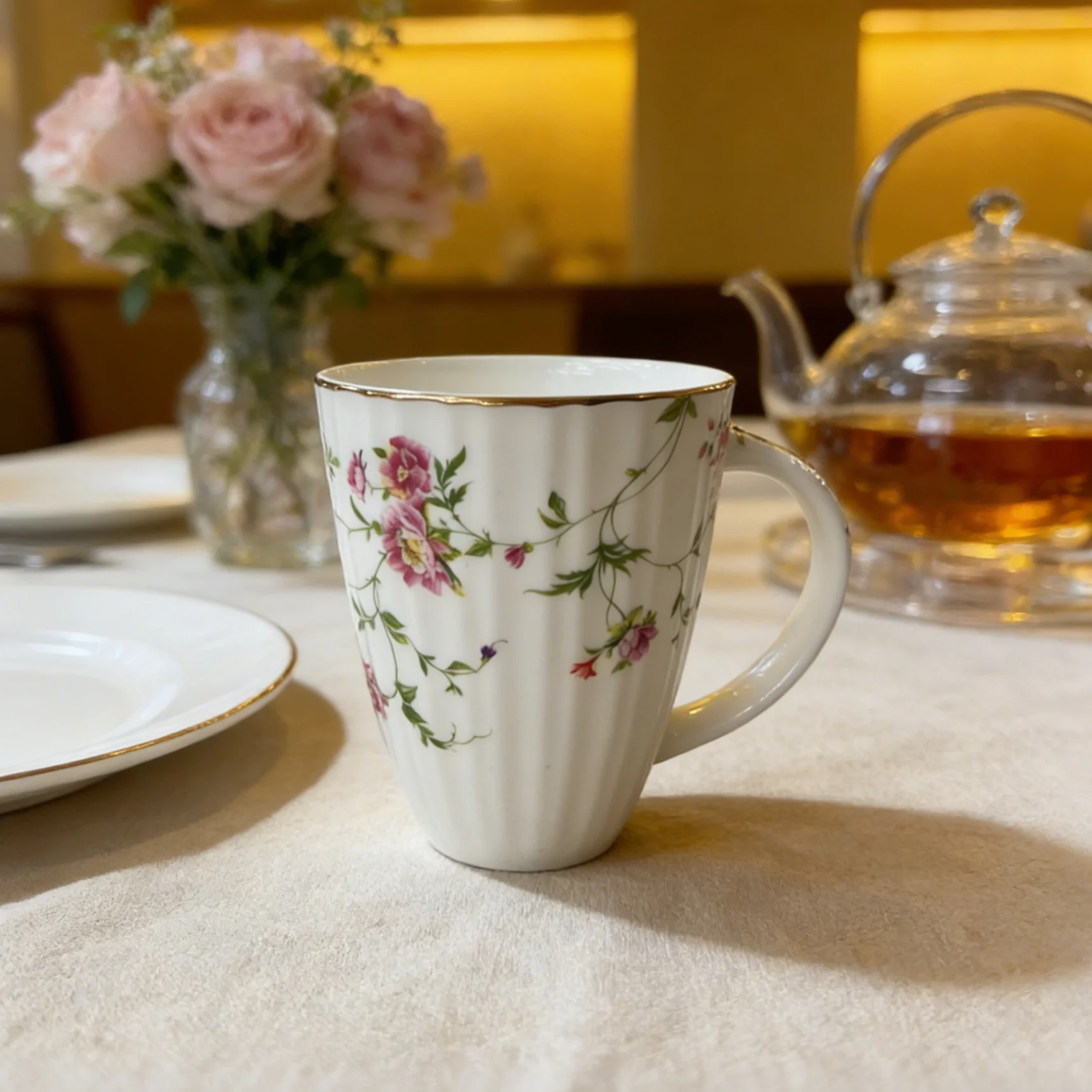 Κλασική Φλοράτη Κεραμική Κούπα | Με Καννάβωση και Πορτοκαλί Περιθώριο