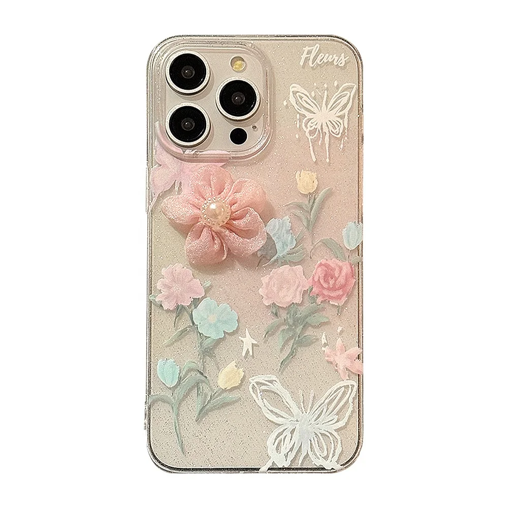 Laudtec Cute Flower Floral Curly Wave Aesthetic Design Case for iPhone 16 pro max Cartoon Pattern Shockproof PU Leather Case