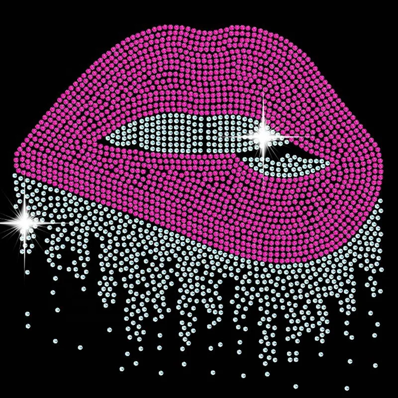 Custom New  Large Red Dripping Lips Rhinestone Diamante Transfer Design Iron on Heat Transfer  Hot Fix Sparkle