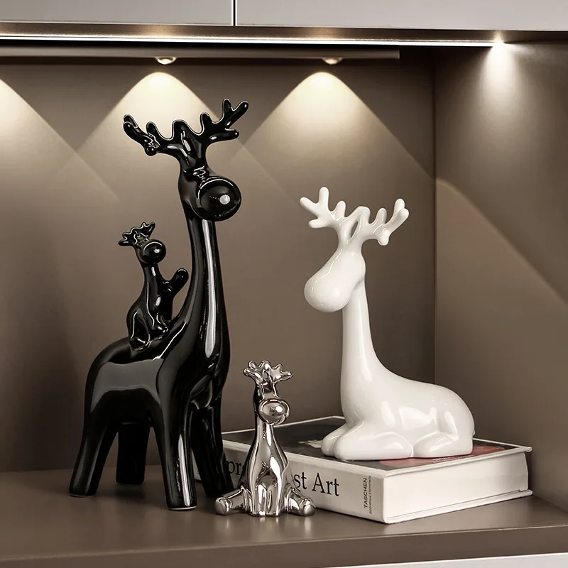Three Ceramic Deer Figurines Black White Silver Finish Modern Minimalist Home Decor Living Room Tabletop Display