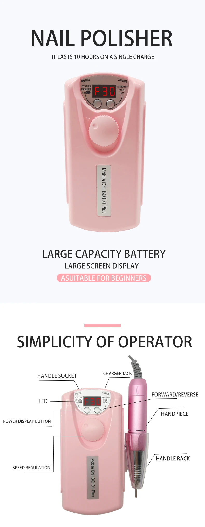 AT-NDB-010 portable nail drill in pink color details