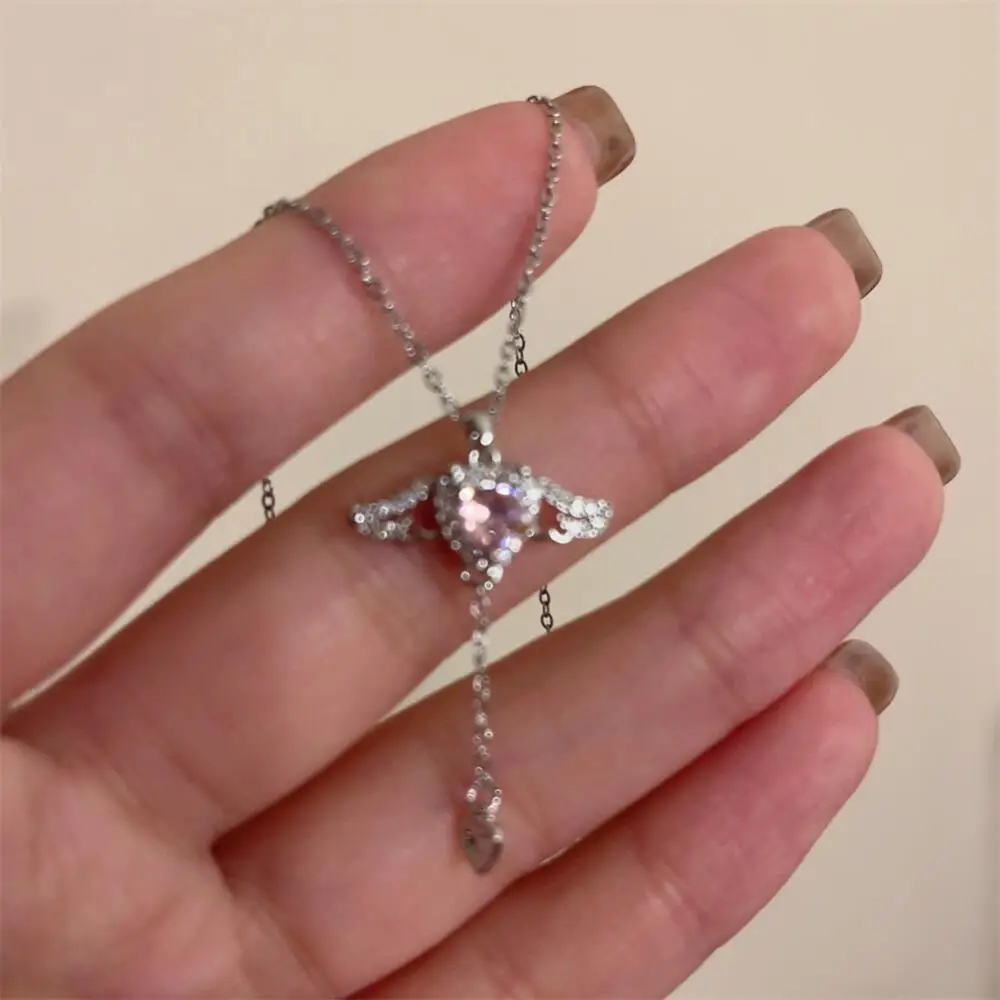 Girl's Neck Chain Cupid Arrow Necklace Pink Crystal Angel Wings Heart Pendant Necklace for Woman Minimalist Jewelry