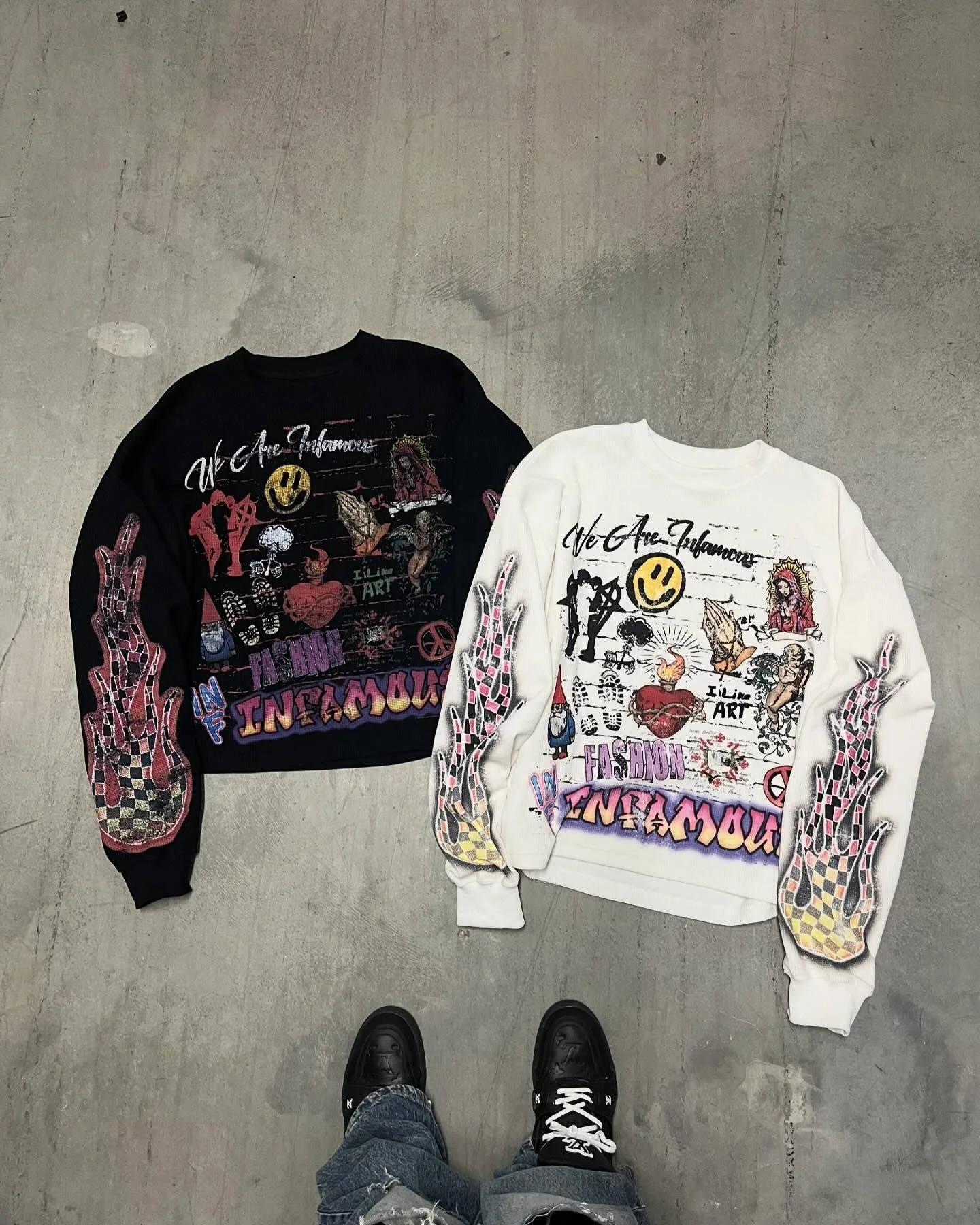 Salati Custom Wholesale Longsleeve Screen Printed Graffiti T-shirt Waffle Knitted Tee Oversized Thermal Long Sleeve T Shirts Men gallery 2
