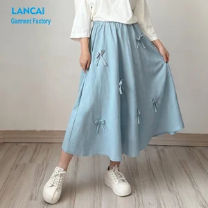 Women's Light Blue Midi Skirt Customizable Elastic Waist Cotton Linen  A-Line Midi Skirts with Bow Decor