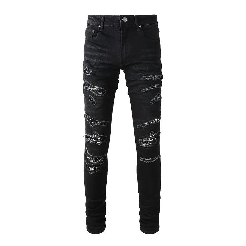Wholesale Black Patch Denim Men's Jeans Hip Hop Style