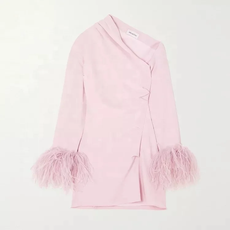 Best Selling Luxury Vestidos De Fiesta Noche De  Fiesta Formal Mujer Pink Asymmetrical Evening Dress With Feather