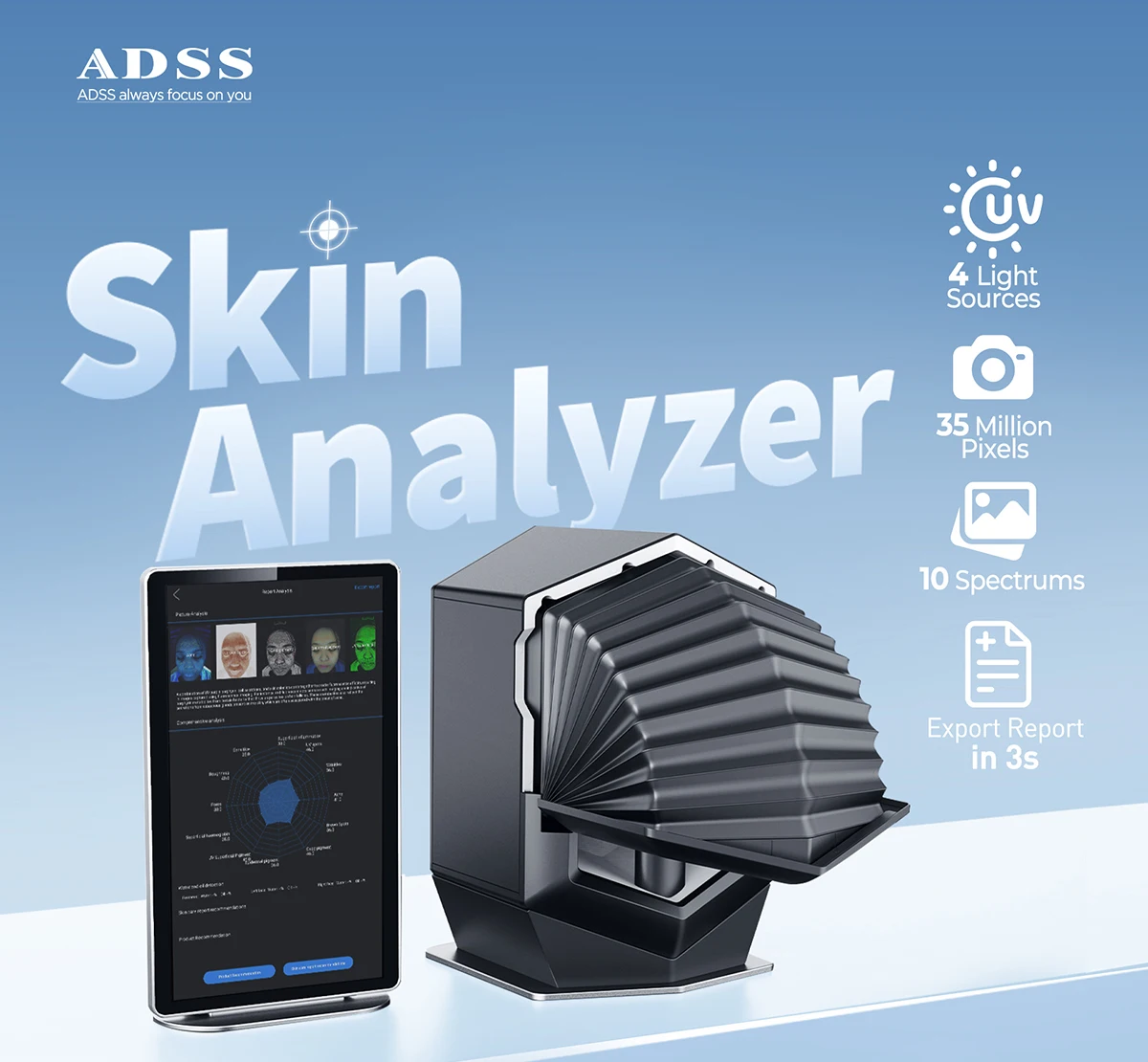 ADSS High Quality Skin Analyzer Machine Face Scanner Ai Skin Analyzer Generate Facial Skin Reports