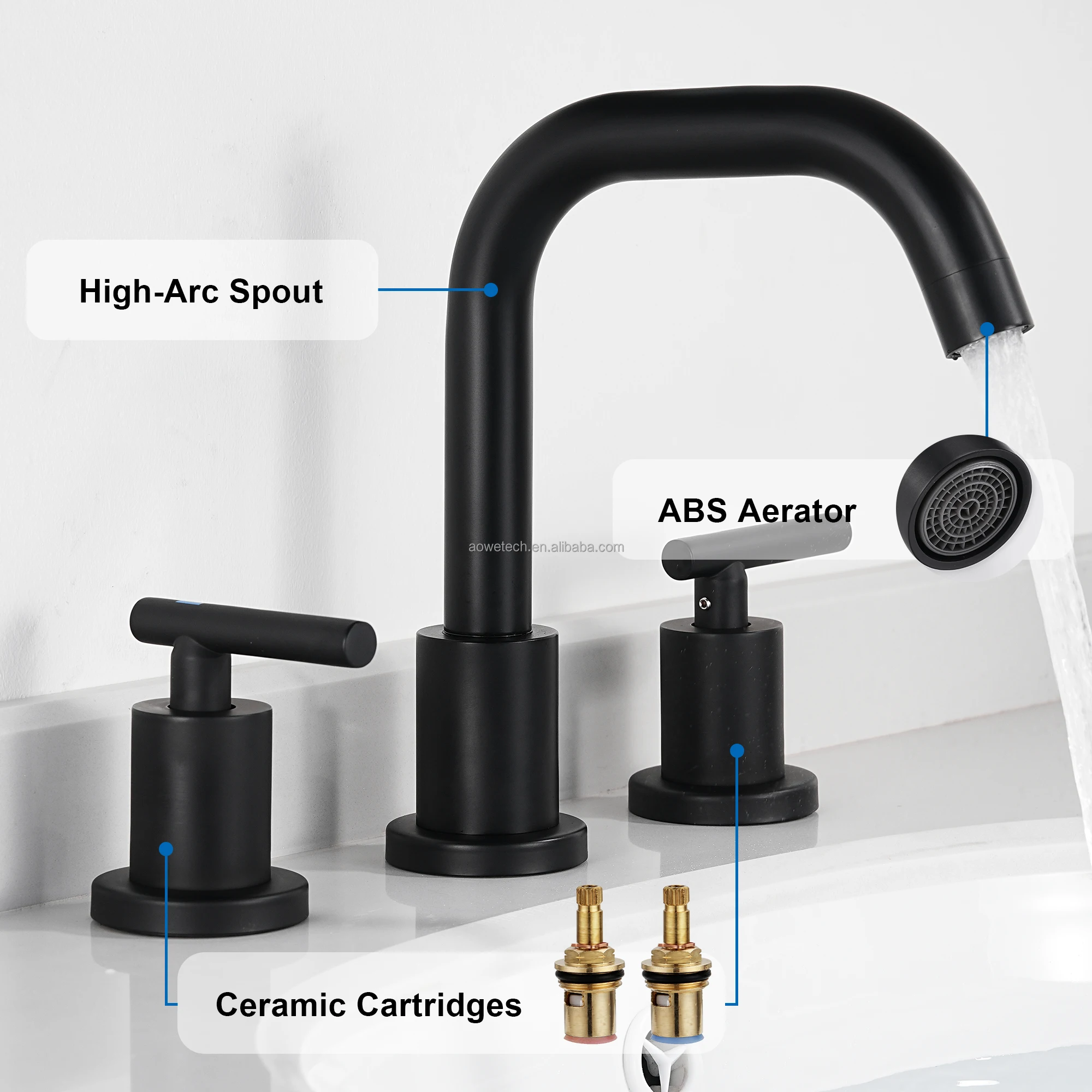 Modern Matte Black 3 Hole Widespread Basin Faucet Dual Handle High Arc Goose Neck Bathroom Sink Mixer Tap Stainless Ceramic
