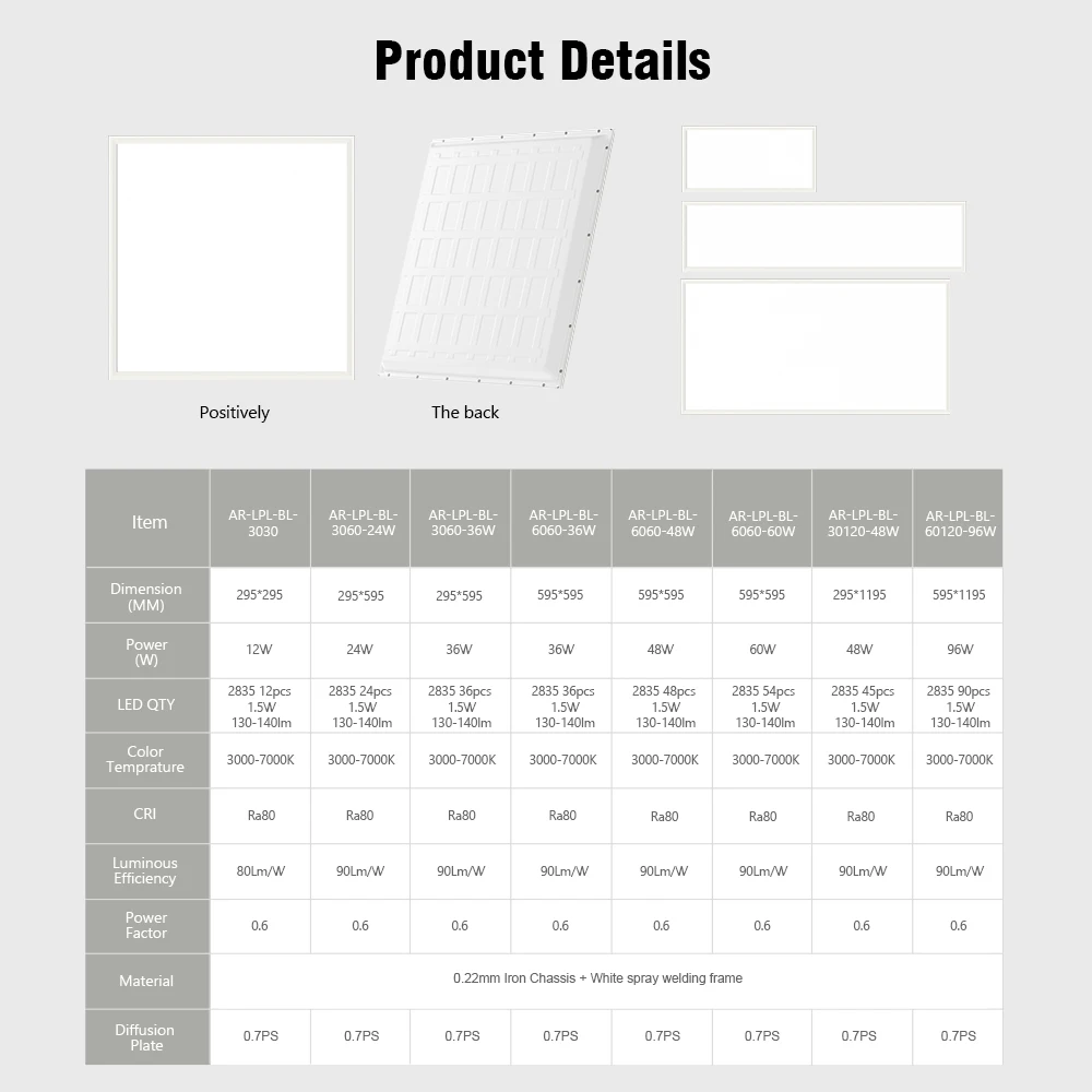Indoor Lighting Recessed Ceiling Lamp Ip20 Pc Body Square Slim Led Smd2835 Panel Lights for Industrial Supermarket Office Hotel