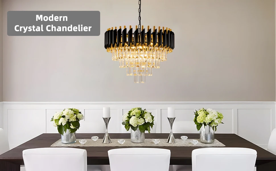 Black and Gold Luxury K9 Crystal Chandelier Round Modern  Pendant Light for Living Room Island Dining Room Bedroom Hanging Lamp