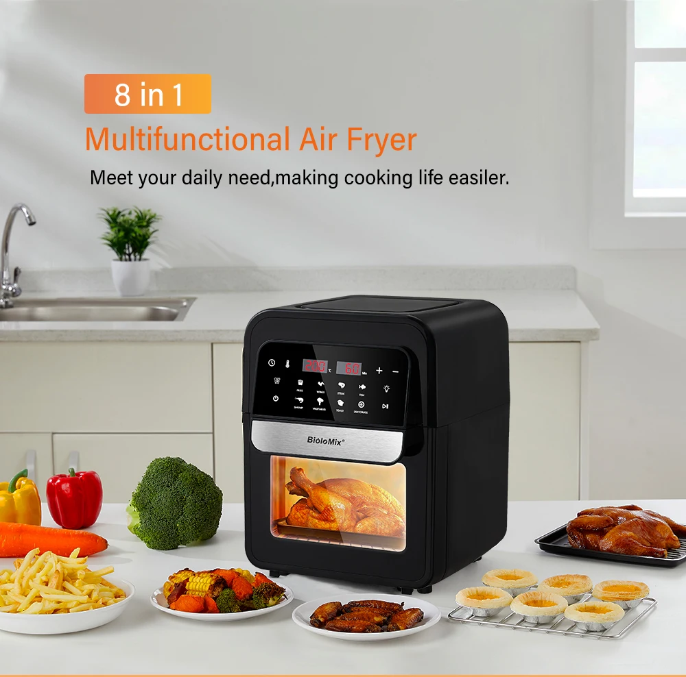 BioloMix Air Fryer One Touch Screen with 8 Cooking Functions, Nonstick  double pot,5L Black Oilless Air Fryers Oven