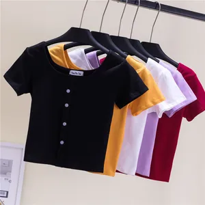 Women's Summer Crop Top with Free Printable Labels and Hang Tags Short Sleeve Scoop Neck Buttoned Knitted Top O-Neck Design