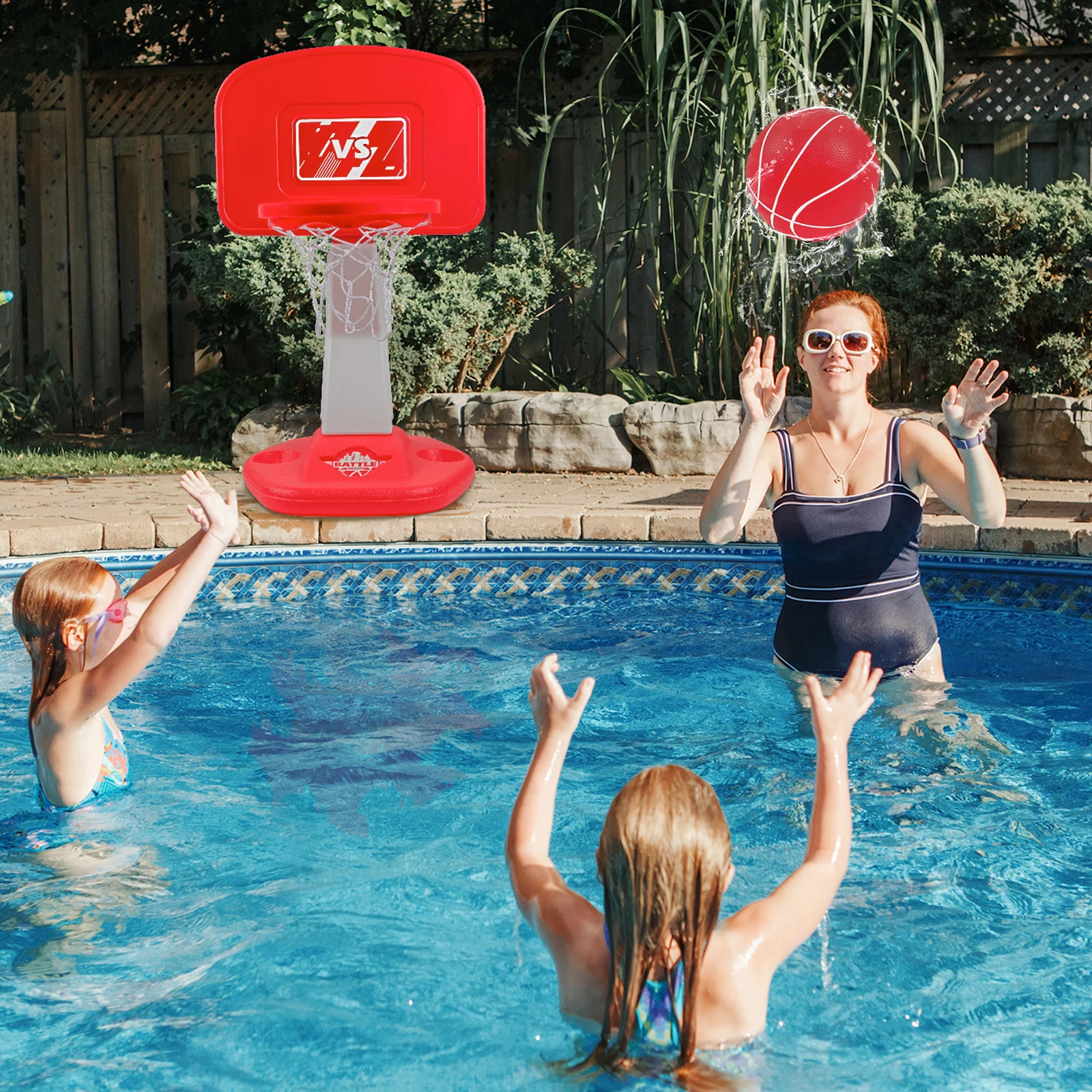 Jogo de basquete de basquete de piscina flutuante Sxbd compatível com  piscina | Inclui aro, 2 bolas e bomba, cesta inflável