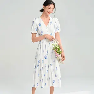 25 Summer Elegant Floral Dress Natural Cotton Chiffon Heavy Embroidered Flowers Casual Waist for Leisure Digital Printing Button