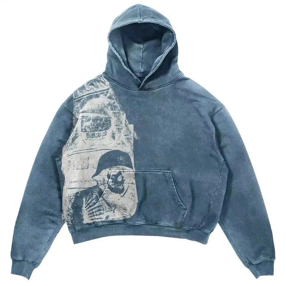 Custom Pullover Hooded Sweatshirts Heavyweight 400GSM Cotton Oversized Graphic Screen Printing Vintage Acid Wash Hoodie for Men