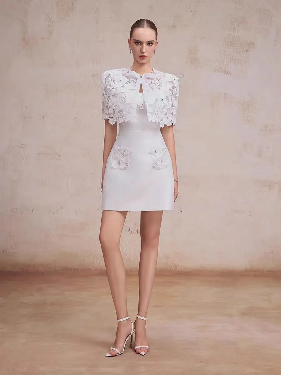 Elegant lace butterfly short dress, Vietnamese niche design slimming dress for womens