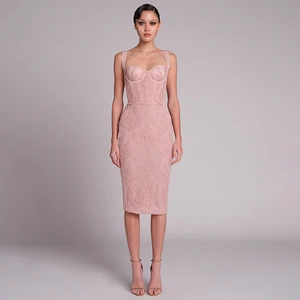 ZYHT 70065 Summer New Retro French Lace Strap Sexy Long Slim European and American Black Pink White Bodycon Corset Dress