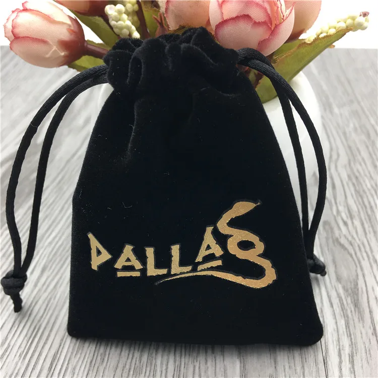 Роскошный мягкий черный роскошный бархатный мешочек на шнурке с принтом логотипа для драгоценностей подарков пылезащитные