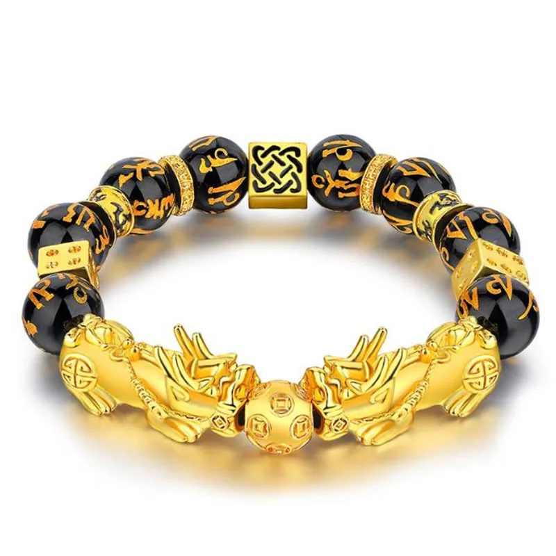 Gold Plated Black Obsidian Feng Shui Bracelet for Wealth Luck