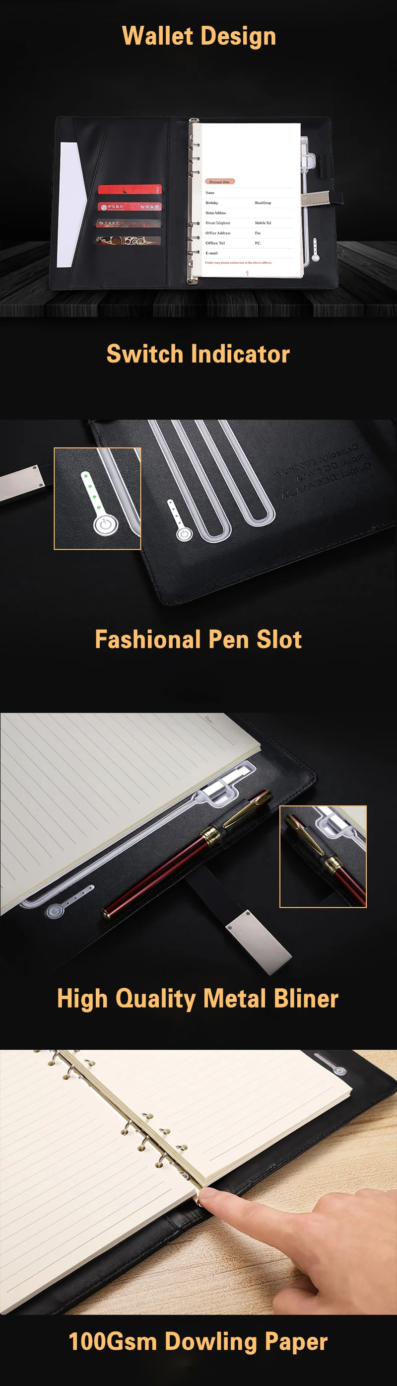 A5 Custom Leather Smart Wireless Charger Planner Diary Notebook With