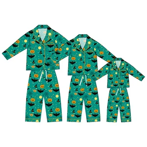 Soft 95%Bamboo 5%Spandex Family Matching Halloween Pumpkin Bat Print Long-Sleeve Pajama Set for Halloween Party & Fall Winter