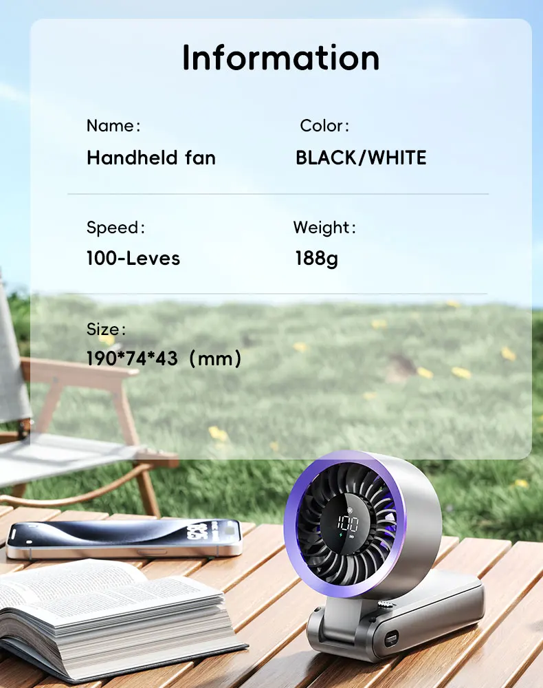 Handheld Neck Fan, Portable, ABS, Brushless, 8h - detail 12