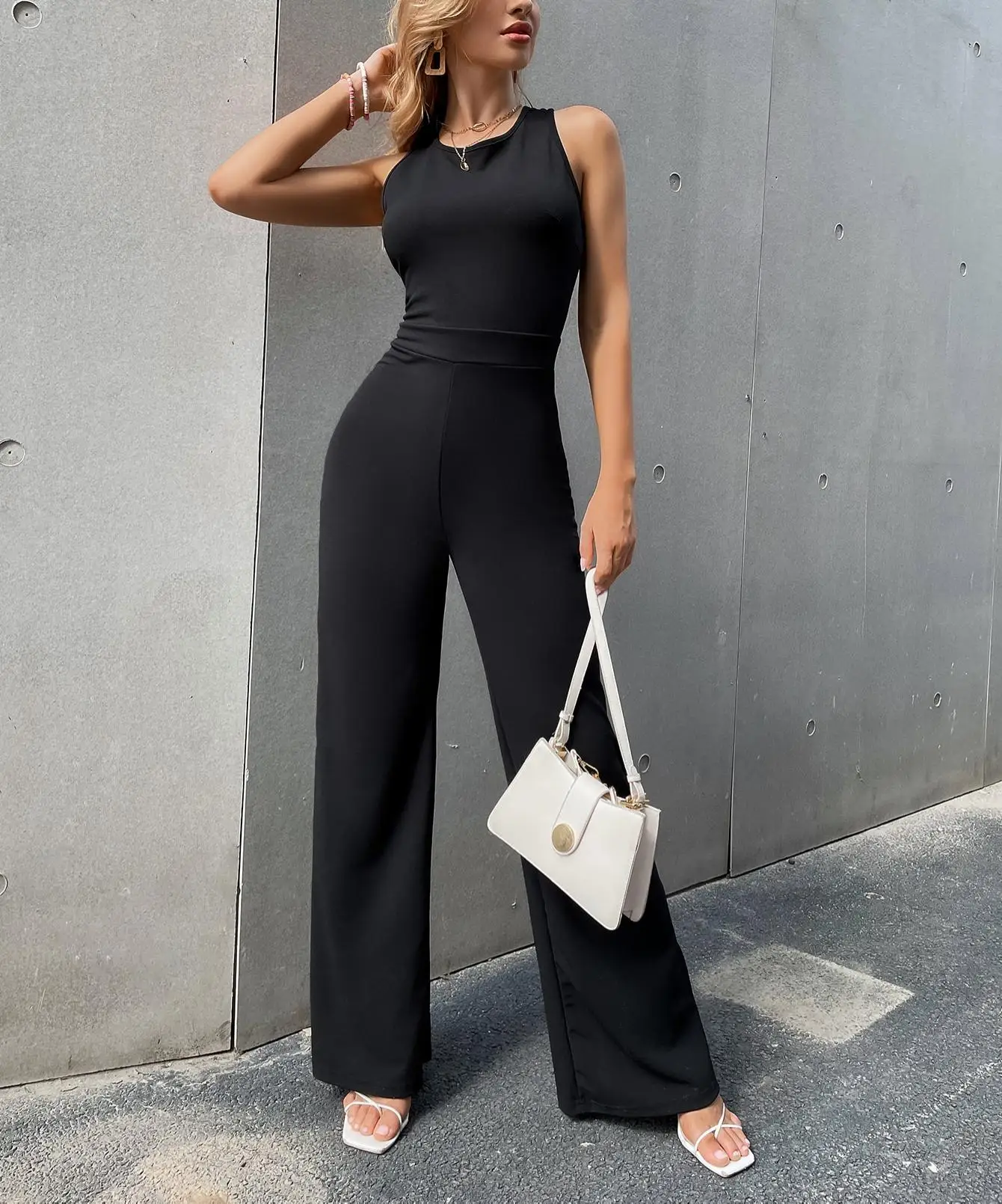 New Fashion Trends Solid Color Sexy Bodycon Back Cross Women Jumpsuit ...