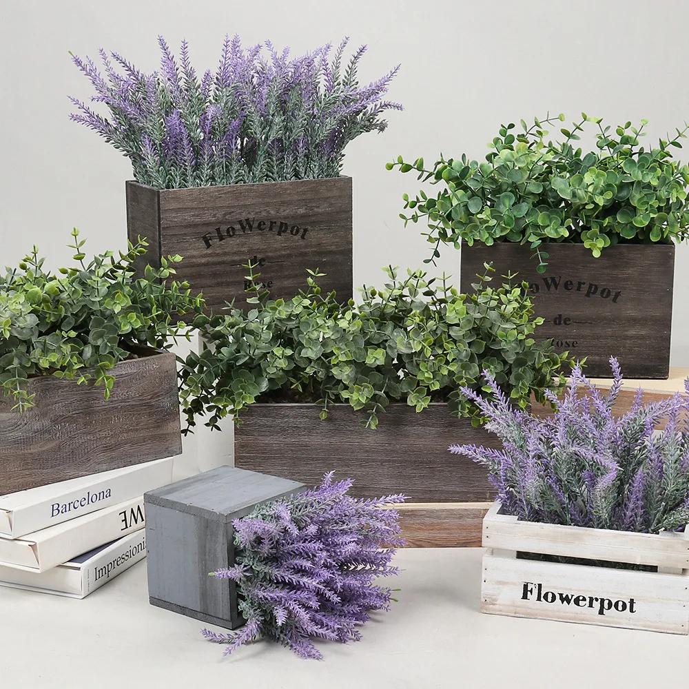Wholesale Factory Lavender Plant With Wooden Tray Plants Artificial