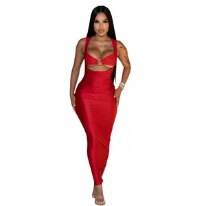 2026 Hot Sale Summer New Women's Fashion Sexy Solid Color Empire Waist Long Strap Slimming Backless Dress Maxi Party Dress