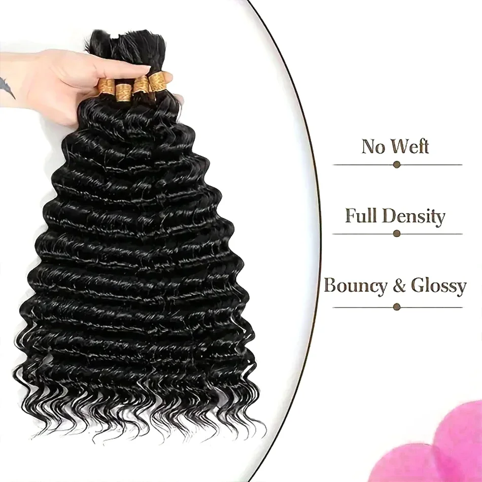 Capelli umani sfusi a onde profonde senza trama, trecce di capelli umani Remy per intrecciare, colore nero naturale, capelli ricci sfusi per intrecciare per donne #1B_voghion.com