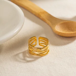 MW Women's Adjustable Minimalist Multi-Layer Line Fashion Jewelry 18K Gold-Plated Stainless Steel Waterproof Ring