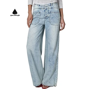 Custom Machete Light Blue Wash Denim Trousers American Retro Wide Leg Ladies Jeans Pants High Quality Fashion Jeans