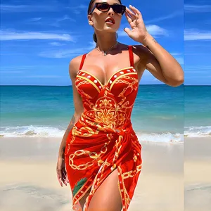 Custom 2026 Hot Sale African Print Sexy Two Piece Bikini With Sarong Cover up Swimsuit Women Top Tube Swimwear