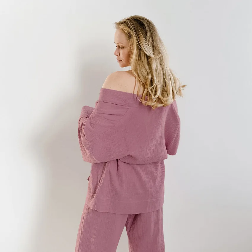 Womens Washed Cotton Gauze Pajama Set Double Layer Breathable Long Sleeve Wrap Full Length Pants Autumn Loungewear — detail