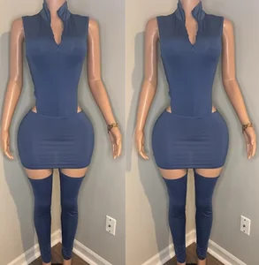 Viviblook D25ST231 Women's Sexy Stand up Collar Sleeveless Bodysuit Zipper Half Skirt Calf Set Three Piece Set