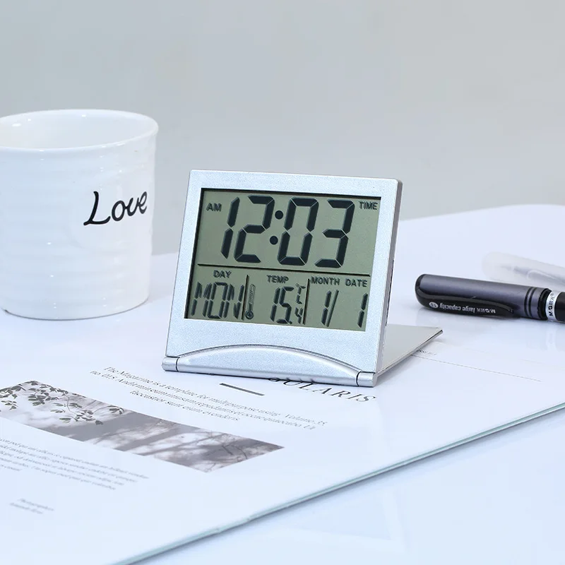 Electronic Desk Clock, Digital Date Temperature Alarm Clock Simple and Convenient Ultra-thin Folding Travel Clock