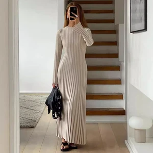 2024 Autumn Casual Round Neck Long Sleeve Lace up Dresses Lady High Street Robes Women Elegant Solid Pleated Knitted Maxi Dress