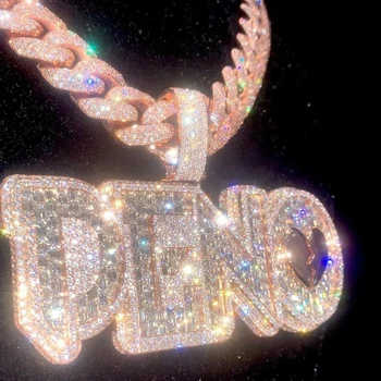 Deno Hip Hop Customized Name 925 Silver Real 18k Gold Plated 3DFull Stones emerald cz Letter Initial Pendants