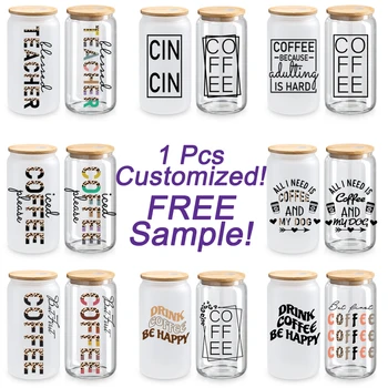 Custom Logo UV DFT Cup Wrap Women Gift 16oz Sublimation Glass Cup Tumbler Sublimation Blanks Beer Glass Can with Bamboo Lids