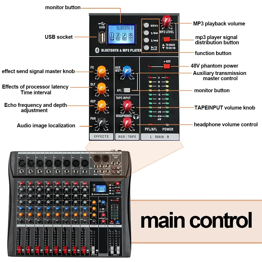 Depusheng DX8 8 Channel Professional Audio Mixer for Karaoke