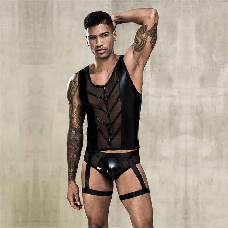 sexy men lingerie Sexy Lingerie Sexy Mesh Faux Leather Bandage Men Black See Through Pu Sexy  Lingerie Erotic Underwear