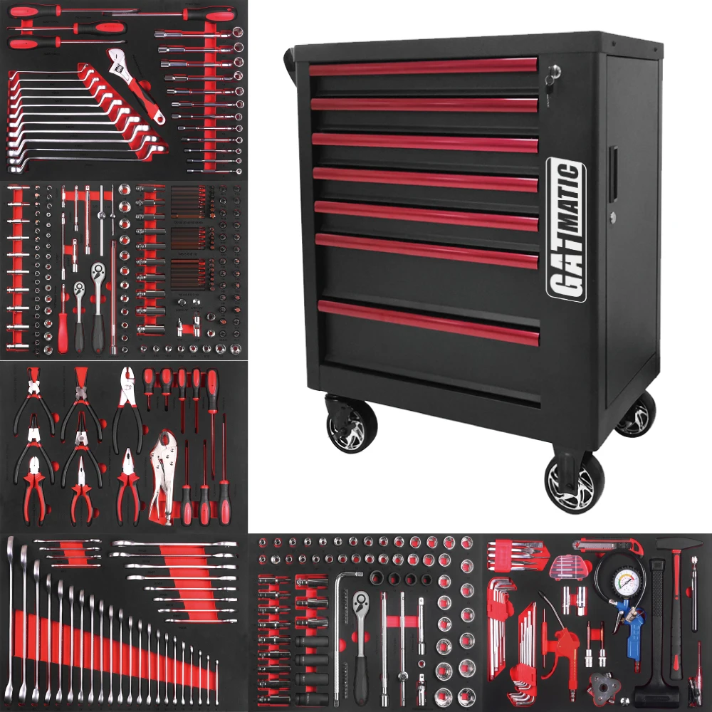 Gatmatic 7-Drawer CR-V Rolling Lockable Tool Cabinet Trolley With Tool Cart For Garage Workshop