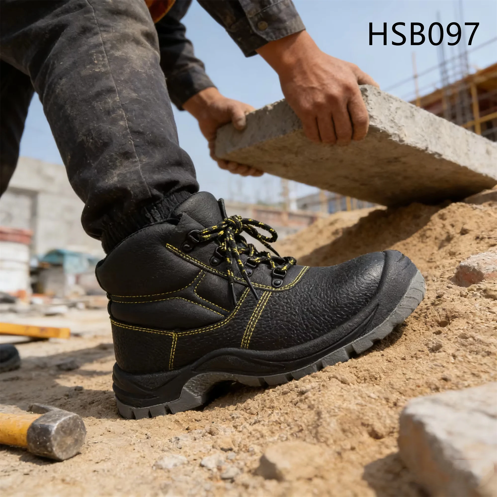 HY Construction Sorting Center Anti-scratch Embossed Leather Factory Staff Anti-alkali Dual Density PU Sole Work Boots HSB097