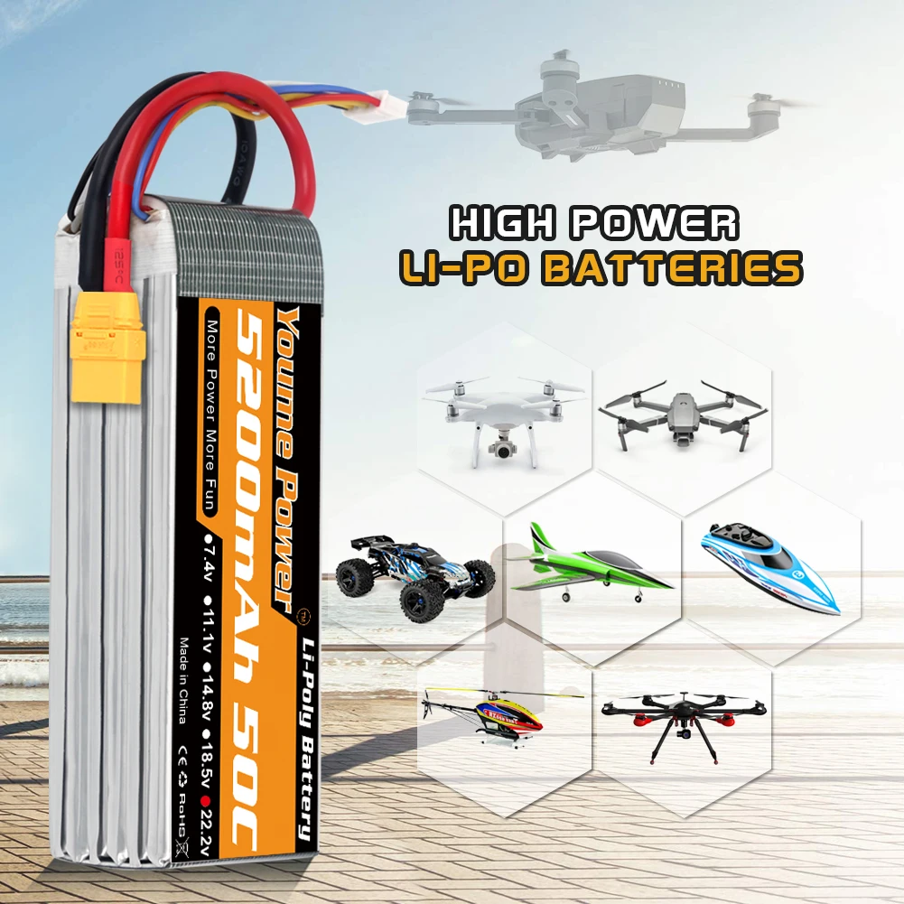 Model aircraft batteries 2-6s 5200mah 7.4V/11.1V/14.8V/18.5V/22.2V with T/TR/XT60/XT90/EC5 plugs supplier