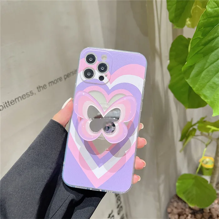 Wholesale Korea Love Heart Holder Stand soft clear phone case Mirror Cute  Butterfly Rainbow Cover for iPhone 13 11 12 Pro Max XR X XS Max From  m.