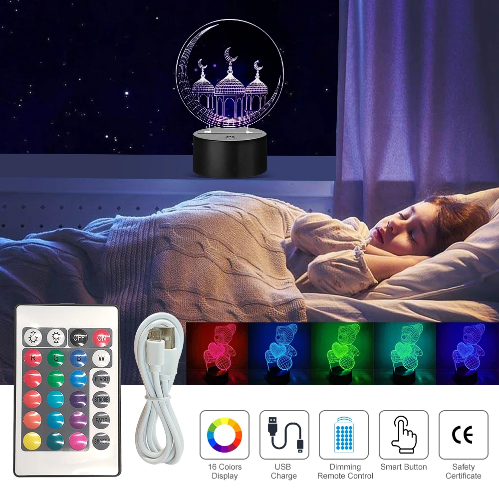 3D Optical Illusion Night Light – 16 Color Changing LED Lamp, USB Powered, Remote Control, Touch Switch, Kids Gift - View #2
