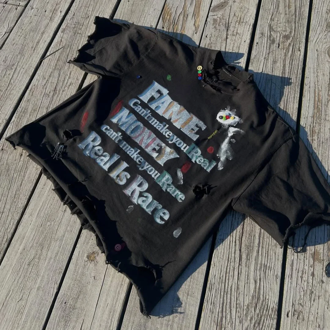 T-shirt dla mężczyzn w stylu wasteland z ciężkiej bawełny, przepłukany, retro wyblakły, ręcznie rozdarty, zniszczony, oversize, możliwość personalizacji